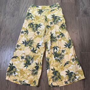 TAHAR Women's Size S‎ Linen Wide Leg Cropped Pants Tropical Floral Yellow Green